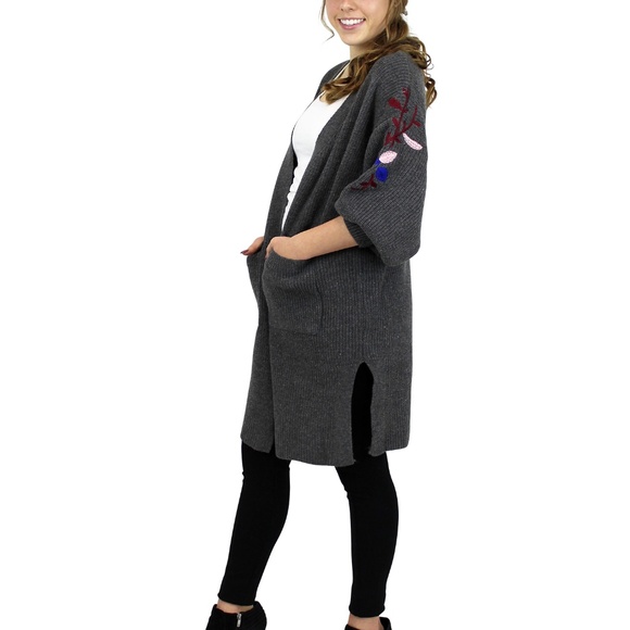 Embroidered Flower Long Cardigan Sweater Knitted Thick Warm Cable Knitted - Picture 3 of 3